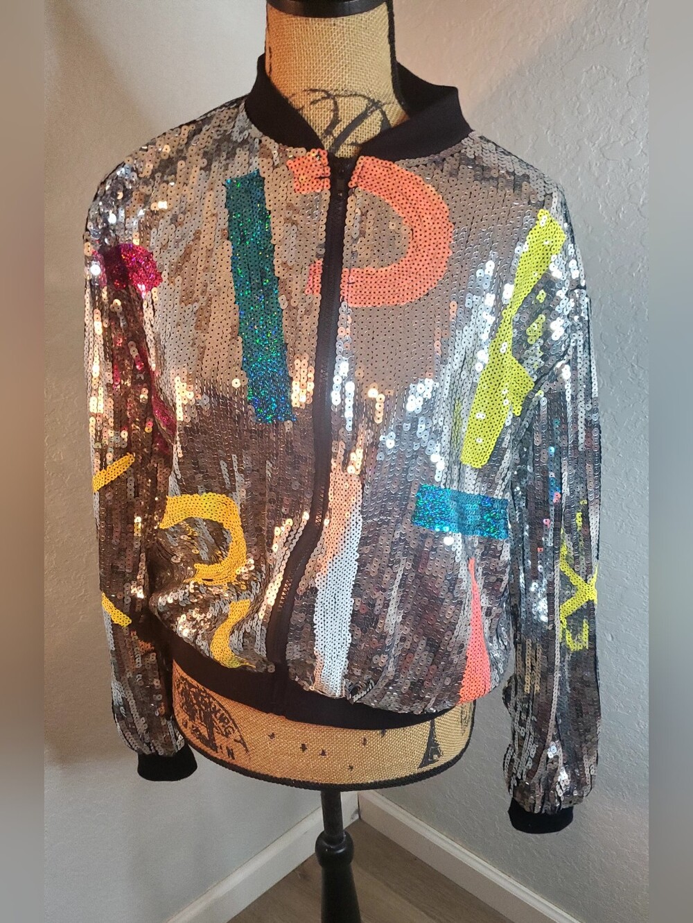Esprit Silver Sequin Bomber Jacket with Neon Accents